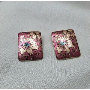 Vintage Cloisonne Pink Enamel Floral Clip On Earrings Gold Tone‎ Costume Jewelry